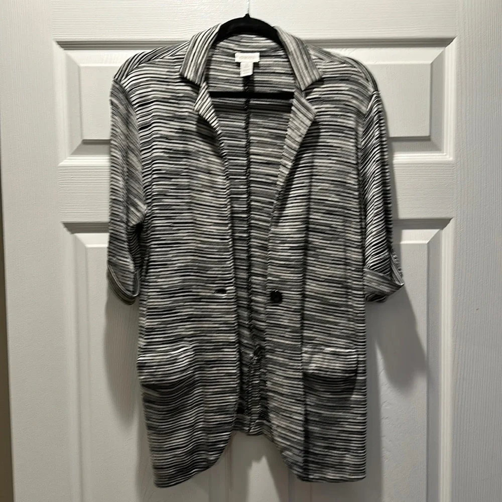 Chicos size 3 black and white stripe shirt sleeve stretch blazer - Picture 1 of 6